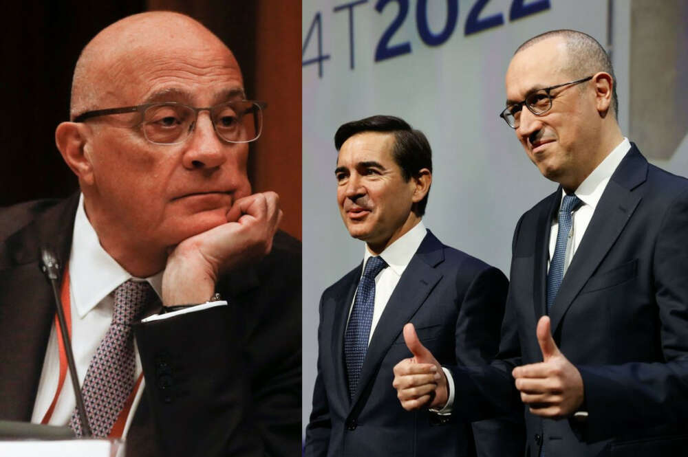 Josep Oliu, presidente de Banco Sabadell, y Carlos Tores y Onur Genç, presidente y CEO de BBVA