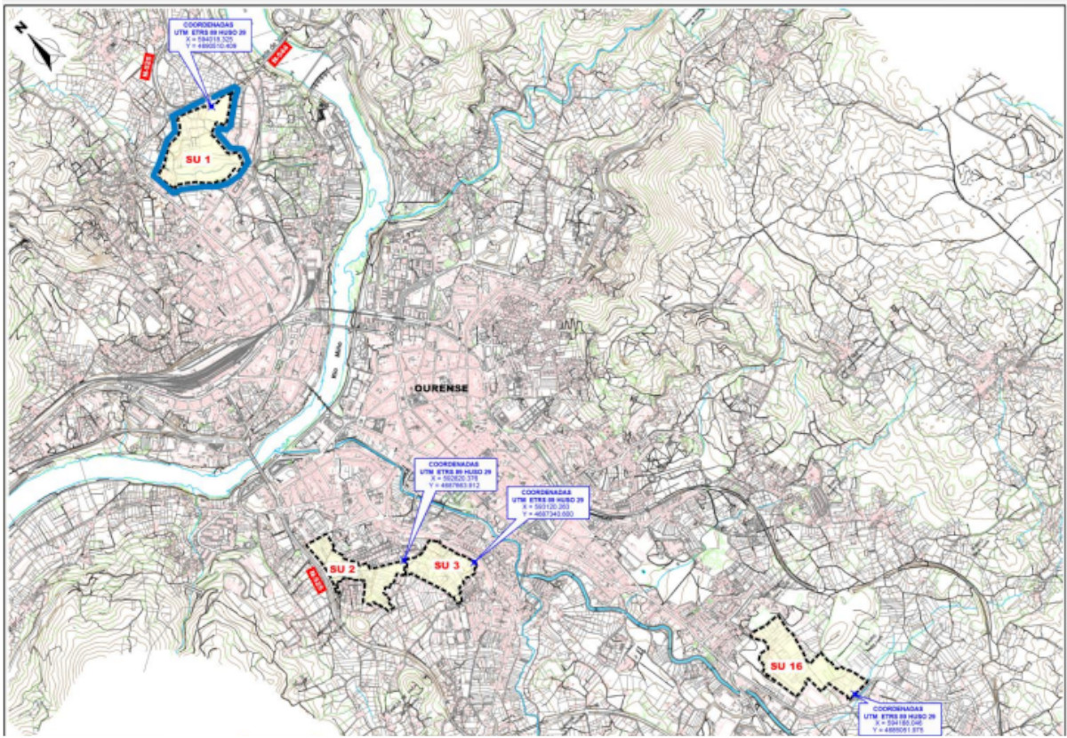 Zonas exploradas por la Xunta para el desarrollo de suelo residencial en Ourense