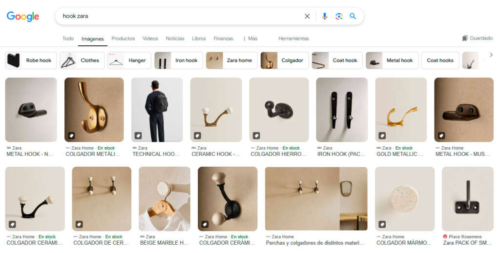 Hoja de resultados de Google con la búsqueda 'hook Zara'