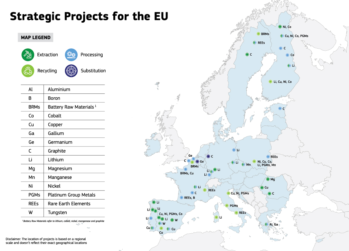 Mapa de proyectos estratégicos para materias primas críticas de la Comisión Europea