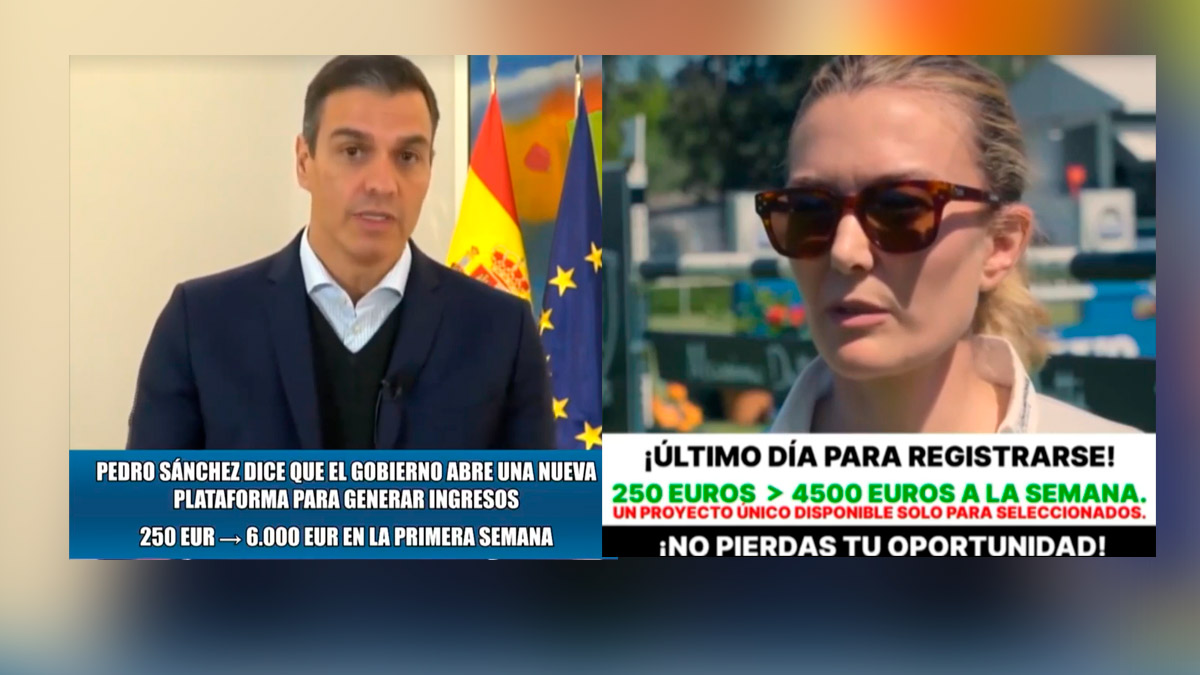 Dos capturas, de Pedro Sánchez y Marta Ortega, de los falsos vídeos creados con inteligencia artificial usados para estafar a los clientes