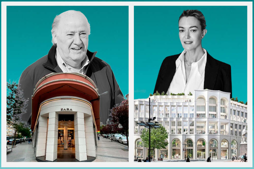 Amancio Ortega sobre la primera tienda de Zara en A Coruña y Marta Ortega, con el edificio sobre el que se construirá el Zara más grande del mundo en Amberes