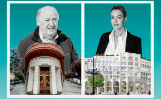 Amancio Ortega sobre la primera tienda de Zara en A Coruña y Marta Ortega, con el edificio sobre el que se construirá el Zara más grande del mundo en Amberes