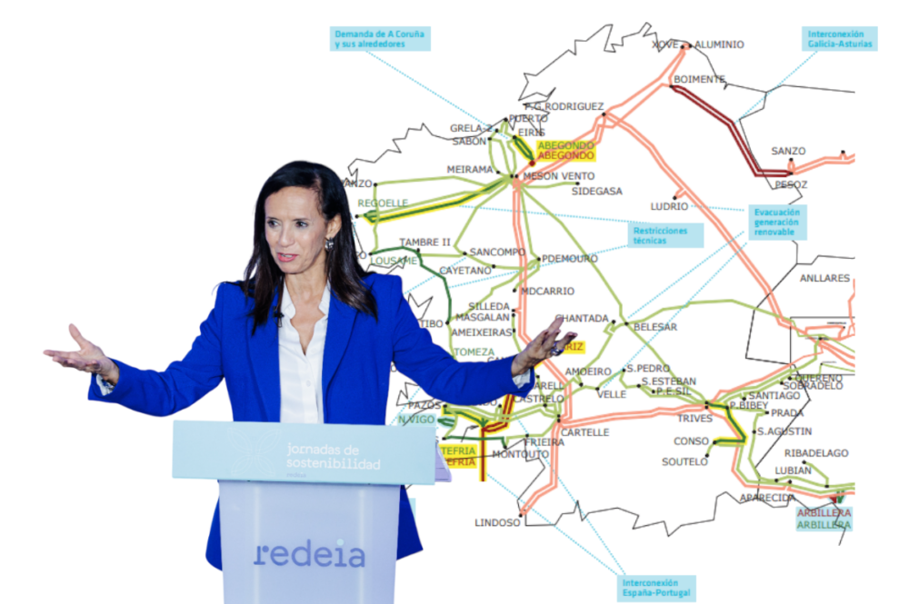 Beatriz Corredor, presidenta de Redeia, con el mapa de la planificación de la red eléctrica de Galicia 2015-2020
