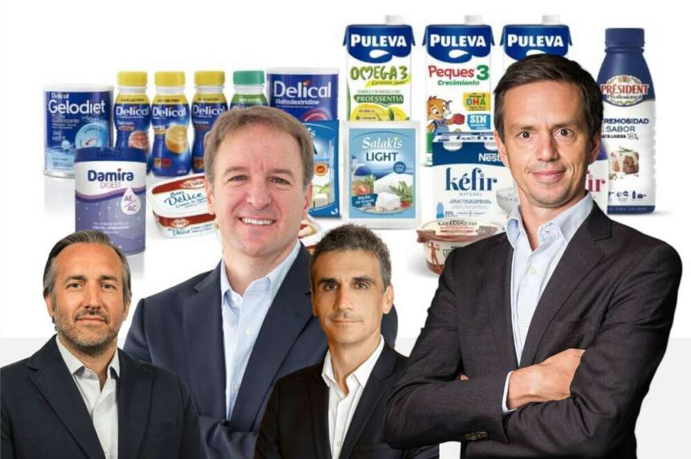 El director general de Lactalis en España y Portugal, David Saliot, junto a los directivos Borja Galindo (Lactalis Forlasa), Miguel Chapa (Lactalis Foodservices) y Daniel Isart (Lactalis Puleva)