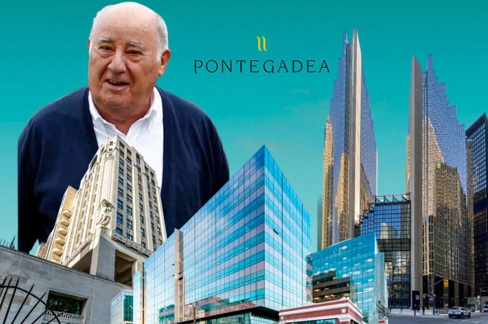 Ilustración con Amancio Ortega y los edificios Adelphi Building (Londres), The Post Building (Londres) y Royal Bank (Toronto). Pablo Ares Heres