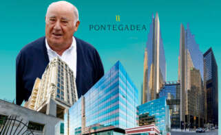 Ilustración con Amancio Ortega y los edificios Adelphi Building (Londres), The Post Building (Londres) y Royal Bank (Toronto). Pablo Ares Heres