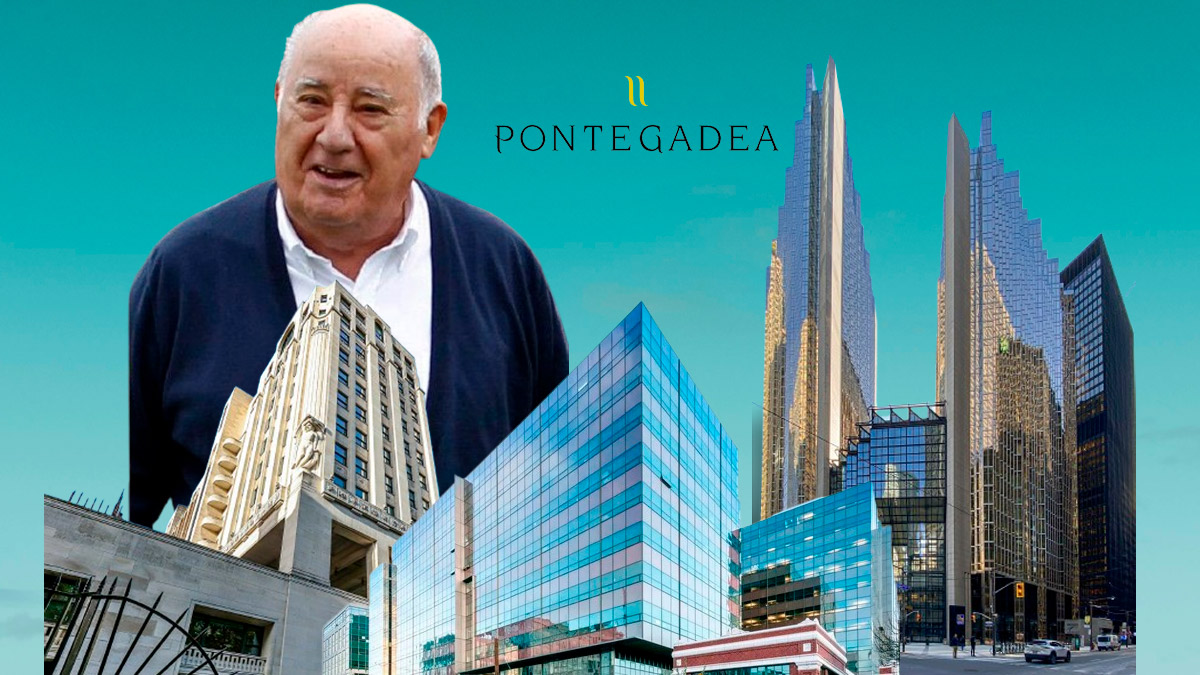 Ilustración con Amancio Ortega y los edificios Adelphi Building (Londres), The Post Building (Londres) y Royal Bank (Toronto). Pablo Ares Heres