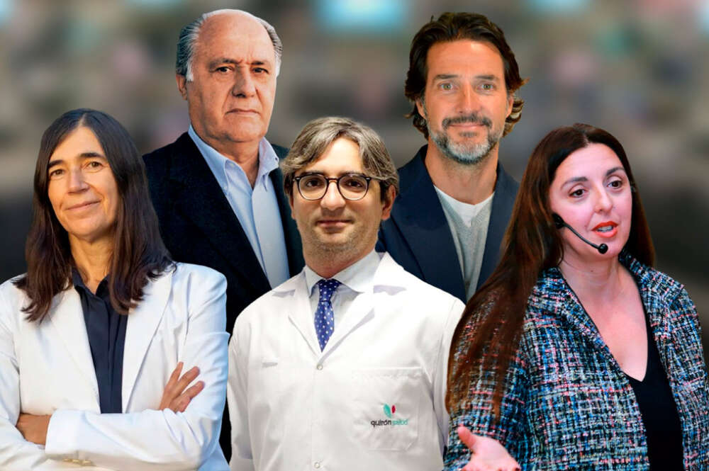 Montaje con imágenes de Amancio Ortega, Diego González Rivas, María Blasco, Javier Goyeneche y Pilar Manchón