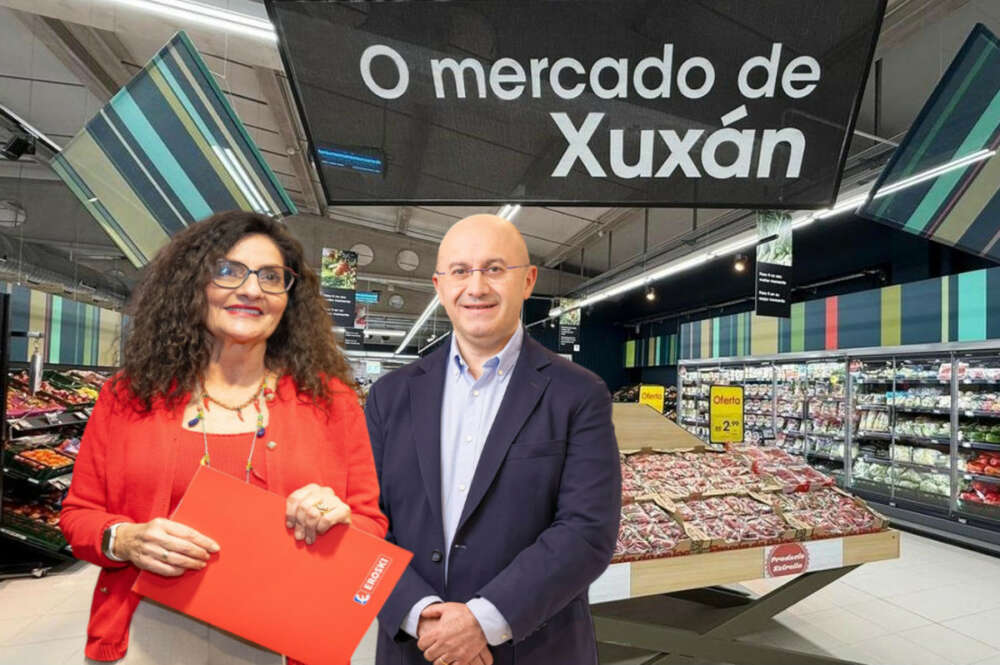 Rosa Carabel, CEO de Eroski, y José Antonio Ferreño, director general de Vegalsa-Eroski, en un montaje con una tienda de Vegalsa en A Coruña