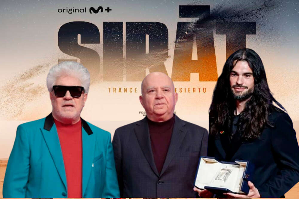 Ilustración en la que aparecen Pedro y Agustín Almodóvar junto a Oliver Laxe y de fondo el cartel de la película Sirat