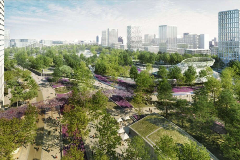 Recreación del parque central de Madrid Nuevo Norte con la superestructura del Jardín del Viento