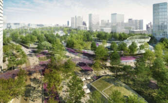 Recreación del parque central de Madrid Nuevo Norte con la superestructura del Jardín del Viento