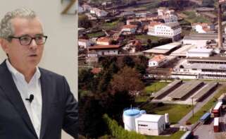 Pablo Isla, en una foto de archivo cuando era presidente de Inditex, al lado de una imagen de la factoría de Nestlé en Pontecesures (Pontevedra)