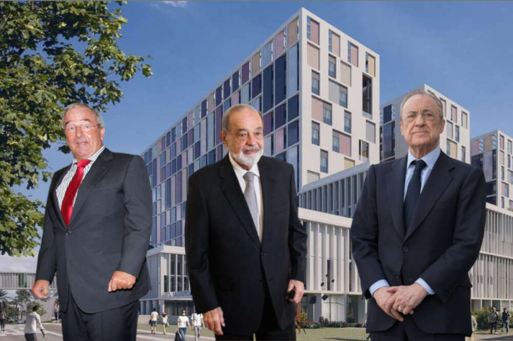 Jacinto Rey (San José), Carlos Slim (FCC) y Florentino Pérez (ACS), con el proyecto para el nuevo hospital de Málaga de fondo