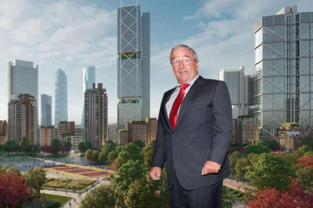 Jacinto Rey, presidente de Grupo Empresarial San José, con el skyline de Madrid Nuevo Norte al fondo