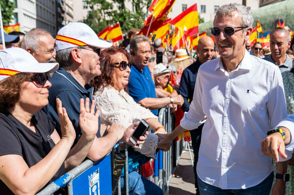 El presidente del PPdeG, Alfonso Rueda, en la concentración de este domingo en Madrid.