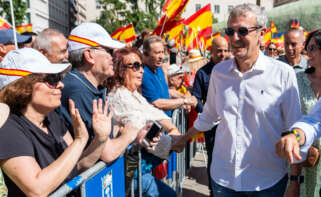 El presidente del PPdeG, Alfonso Rueda, en la concentración de este domingo en Madrid.