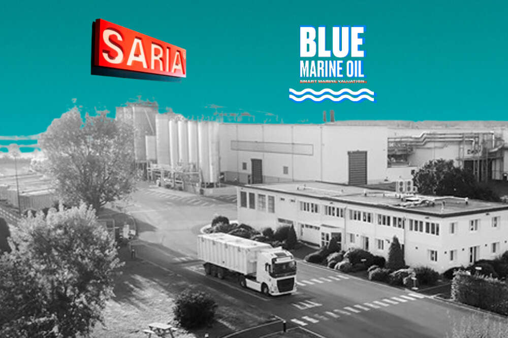 ilustración con una planta de Saria con su logo y el logo de Blue Marine Oil