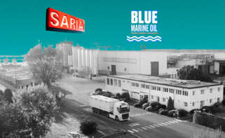 ilustración con una planta de Saria con su logo y el logo de Blue Marine Oil