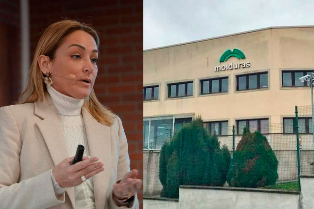 Marián Mouriño, presidenta del Celta de Vigo, e imagen exterior de la planta de Molduras del Noroeste