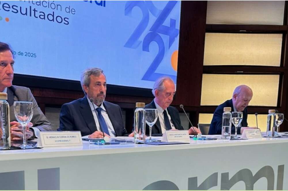 El presidente de Ibermutua, Juan Roca Guillamón, y el director general, Carlos Javier Santos García, durante la presentación de los resultados de 2024 durante la junta general ordinaria celebrada en Madrid / Ibermutua