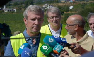El presidente de la Xunta, Alfonso Rueda, atiende a los medios tras su visita a los viñedos de la Bodega Tapias Mariñán afectados por los incendios forestales