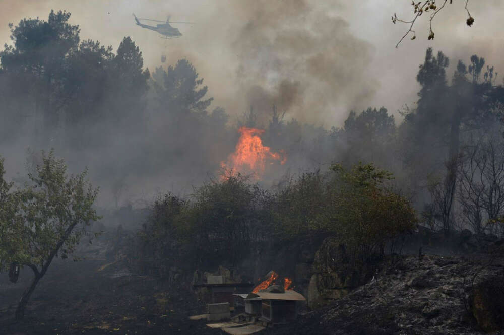 Un helicóptero trata de extinguir el incendio, a 12 de agosto de 2025, en Seixalbo, Ourense, Galicia (España)
