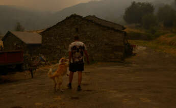 Una persona con su perro observa el incendio en Requeixo, a 11 de agosto de 2025, en Chandrexa de Queixa