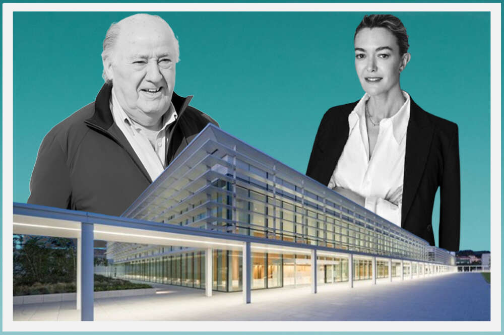 Ilustración de Amancio y Marta Ortega sobre un edificio de la sede central de Inditex