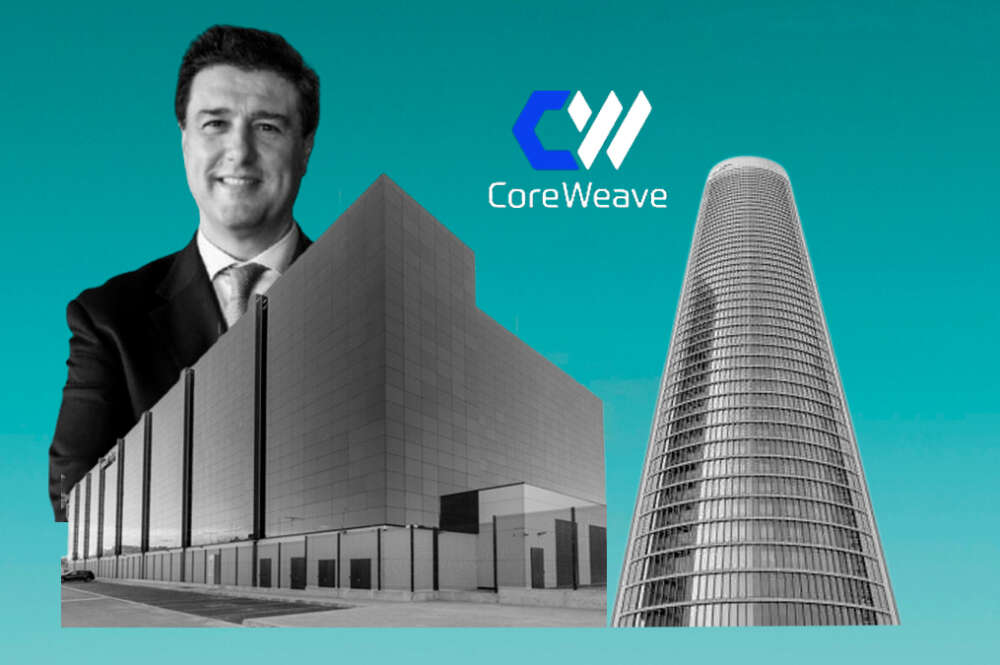 Ilustración con Ismael Clemente, el centro de datos de Merlin en Cataluña y la Torre PwC