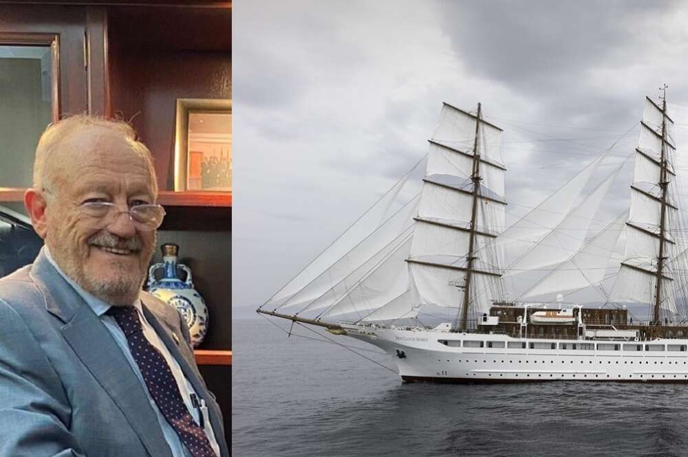 Manuel Rodríguez, empresario naval vigués, al lado de una imagen de uno de los proyectos de uno de sus astilleros, Metalships.