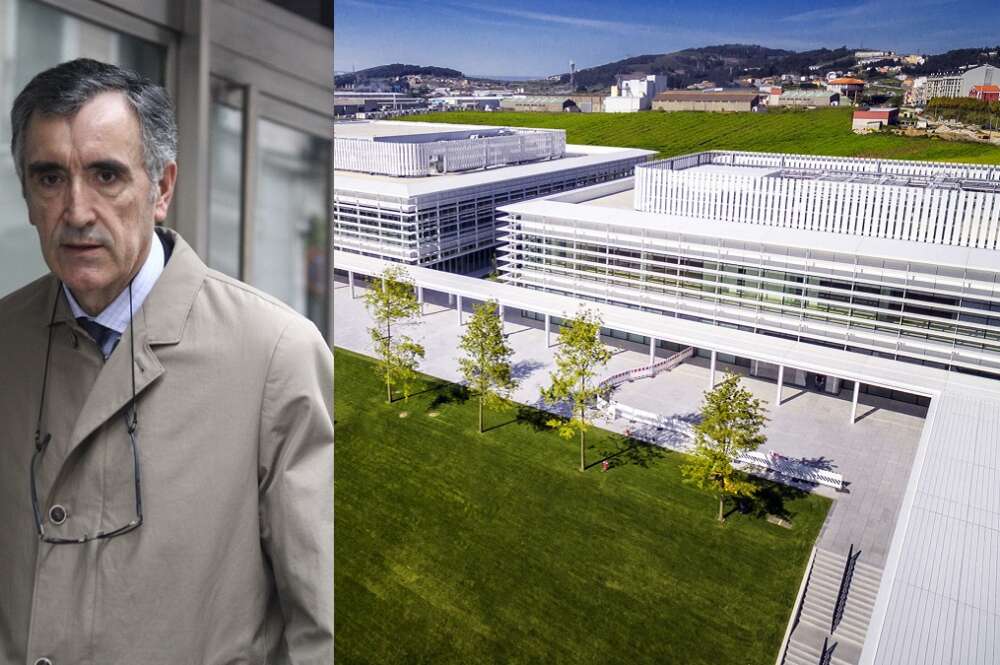 José María Castellano, exvicepresidente de Inditex, al lado de una imagen de archivo de la sede del grupo textil en Arteixo