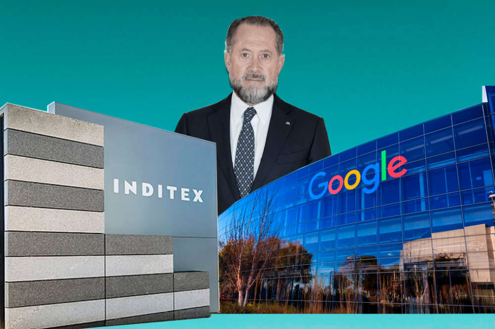 Montaje con Juan Carlos Escotet y los edificios de Inditex y Google