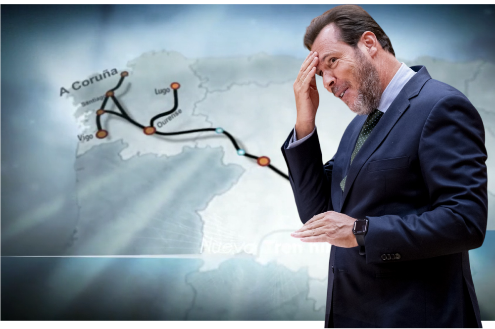 Montaje con el ministro de Transportes, Óscar Puente, durante una intervención en el Congreso, y el corredor Madrid-Galicia del AVE de fondo /Europa Press / Adif