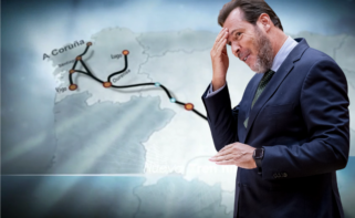 Montaje con el ministro de Transportes, Óscar Puente, durante una intervención en el Congreso, y el corredor Madrid-Galicia del AVE de fondo /Europa Press / Adif