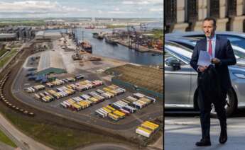 Roberto Cibeira, CEO de Pontegadea, el grupo inversor de Amancio Ortega, al lado de una imagen de activos de PD Port, el grupo de activos portuarios y logísticos en el que entraron este 2025