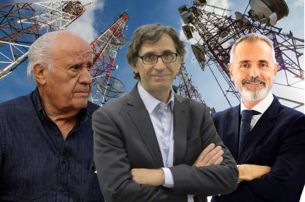 Daniel Noguera, CEO de American Tower España, flanqueado por Marc Murtra (Telefónica) y Amancio Ortega (Pontegadea)