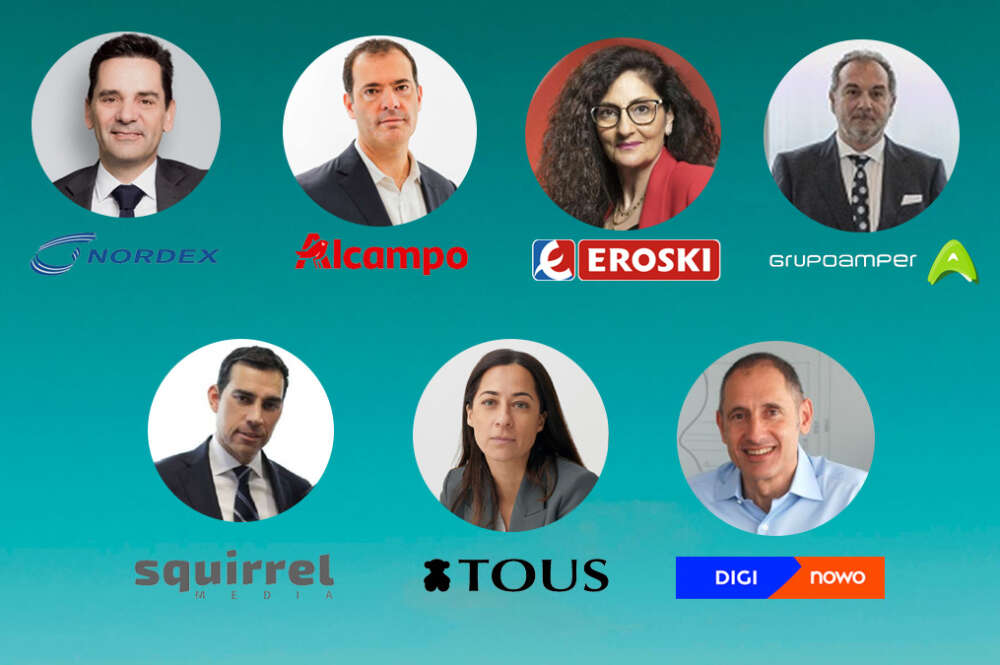 Arriba (I-D) José Luis Blanco (Nordex) , Carlos Pedreira (Alcampo), Rosa Carabel (Eroski) y Jesús Esmorís (Amper). Abajo, a la izquierda, Pablo Pereiro (Squirrel Media) junto a Susana Sánchez (Tous) y Arturo Dopico (Nowo).