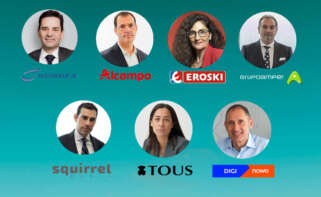 Arriba (I-D) José Luis Blanco (Nordex) , Carlos Pedreira (Alcampo), Rosa Carabel (Eroski) y Jesús Esmorís (Amper). Abajo, a la izquierda, Pablo Pereiro (Squirrel Media) junto a Susana Sánchez (Tous) y Arturo Dopico (Nowo).