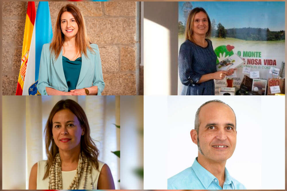 La conselleira de Medio Rural, María José Gómez, al lado de Ana Oróns, secretaria de la Federación Empresarial de Aserraderos y Rematantes de Madera de Galicia; Paula Beirán, directora de Telefónica para Galicia y Asturias, y Miguel Rodríguez Méndez, catedrático de Economía Aplicada de la Universidade de Vigo. Los cuatro, entre otras personalidades, participarán en el foro de ED Galicia 'Los retos de la Galicia rural'