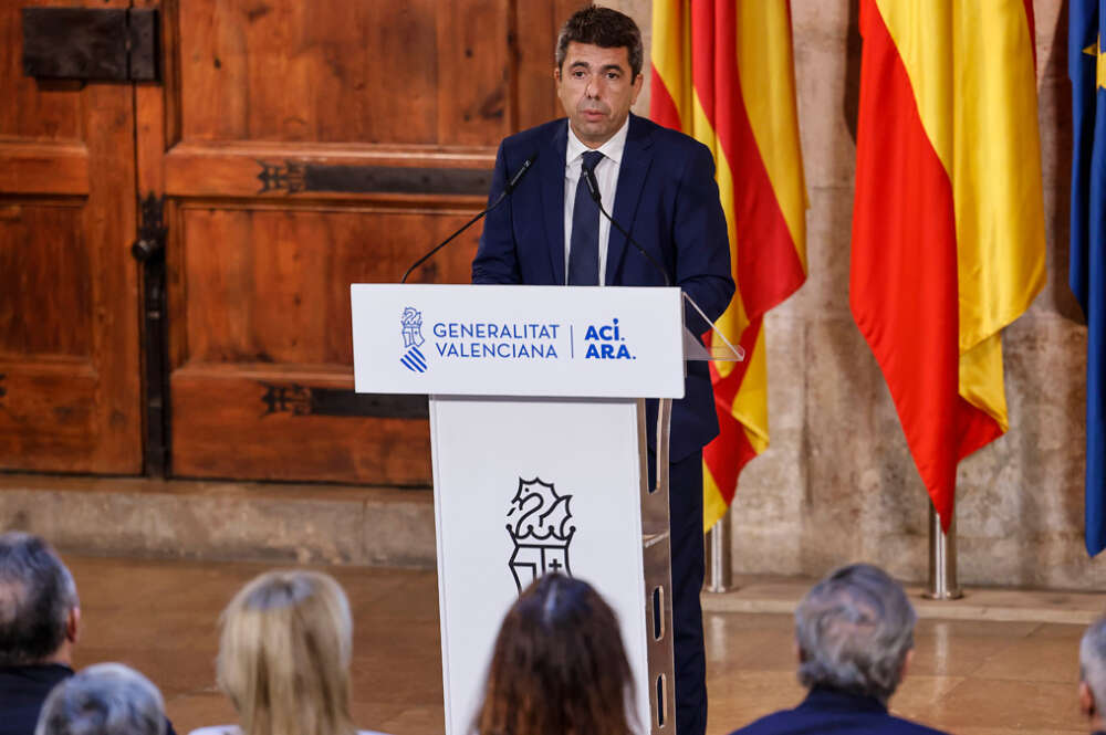 El presidente de la Generalitat valenciana, Carlos Mazón, durante una declaración institucional, en el Palau de la Generalitat