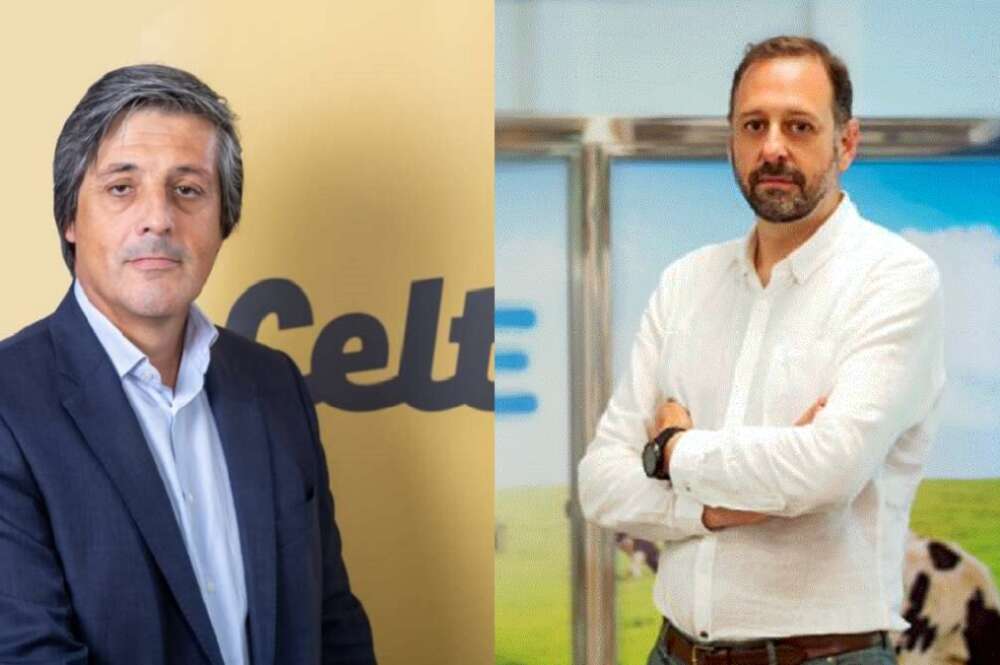 Javier Bretón, el director general de Leche Celta, al lado de una imagen de Jesús García, que desembarca en la empresa en manos de Lactogal procedente de Leche Río (Grupo Lence)