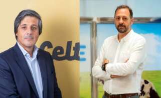 Javier Bretón, el director general de Leche Celta, al lado de una imagen de Jesús García, que desembarca en la empresa en manos de Lactogal procedente de Leche Río (Grupo Lence)