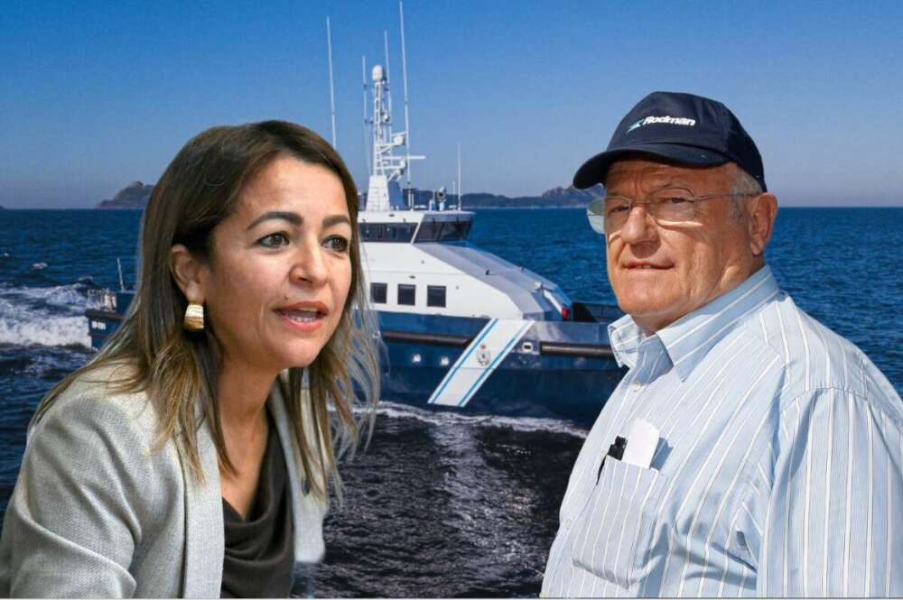 Marta Villaverde, conselleira do Mar, y Manuel Rodríguez, con una patrullera de Rodman de fondo