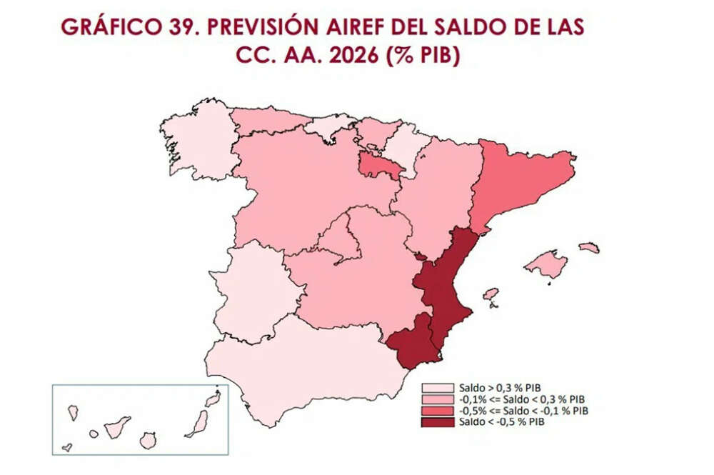 mapa de la AIReF con la previsión de saldo de las comunidades autónomas