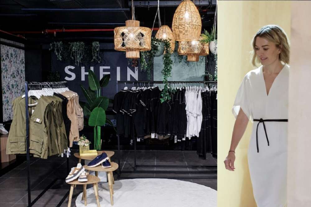 Imagen de una de las tiendas efímera de Shein en Madrid al lado de una foto de archivo de Marta Ortega, la presidenta no ejecutiva de Inditex, en una junta de accionistas de la compañía