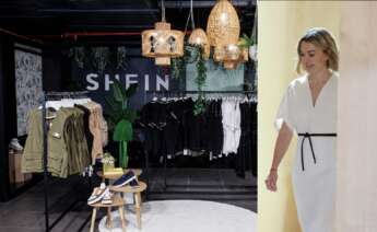 Imagen de una de las tiendas efímera de Shein en Madrid al lado de una foto de archivo de Marta Ortega, la presidenta no ejecutiva de Inditex, en una junta de accionistas de la compañía