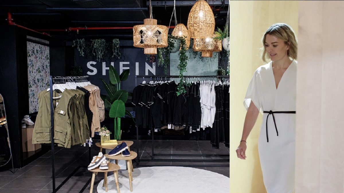 Imagen de una de las tiendas efímera de Shein en Madrid al lado de una foto de archivo de Marta Ortega, la presidenta no ejecutiva de Inditex, en una junta de accionistas de la compañía