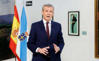 El presidente de la Xunta, Alfonso Rueda, durante la grabación del mensaje de Fin de Año de 2025. Museo Provincial (Pontevedra) - XUNTA DE GALICIA